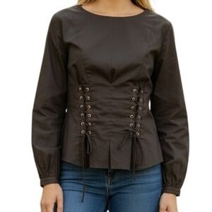 GUEST EDITOR Jet  Black Corset Style Long Sleeve Blouse EUC Size Small